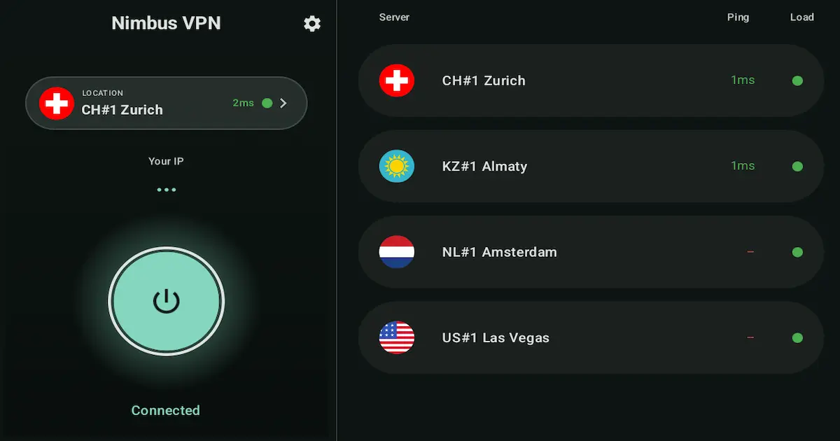 Interface do aplicativo Android NimbusVPN mostrando conexão rápida, seleção de servidor e controle de protocolos.